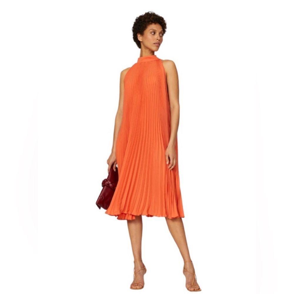 TOME Collective Orange Pleated Mock Neck Shift Dress Size Large Retro 60s 70s